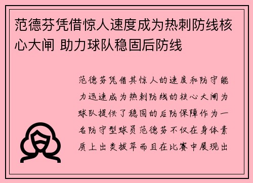 范德芬凭借惊人速度成为热刺防线核心大闸 助力球队稳固后防线 范德芬凭借惊人速度成为热刺防线核心大闸 助力球队稳固后防线